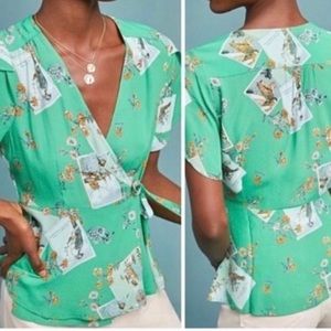 Anthropologie Green Floral Wrap Blouse